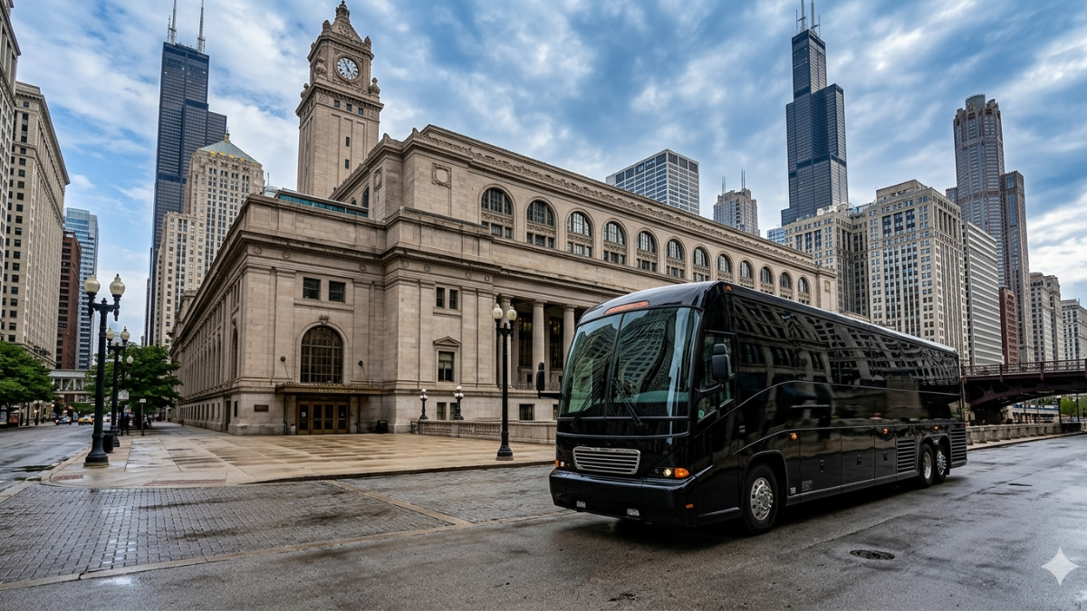 54-passenger luxury coach bus for large O'Hare group transportation
