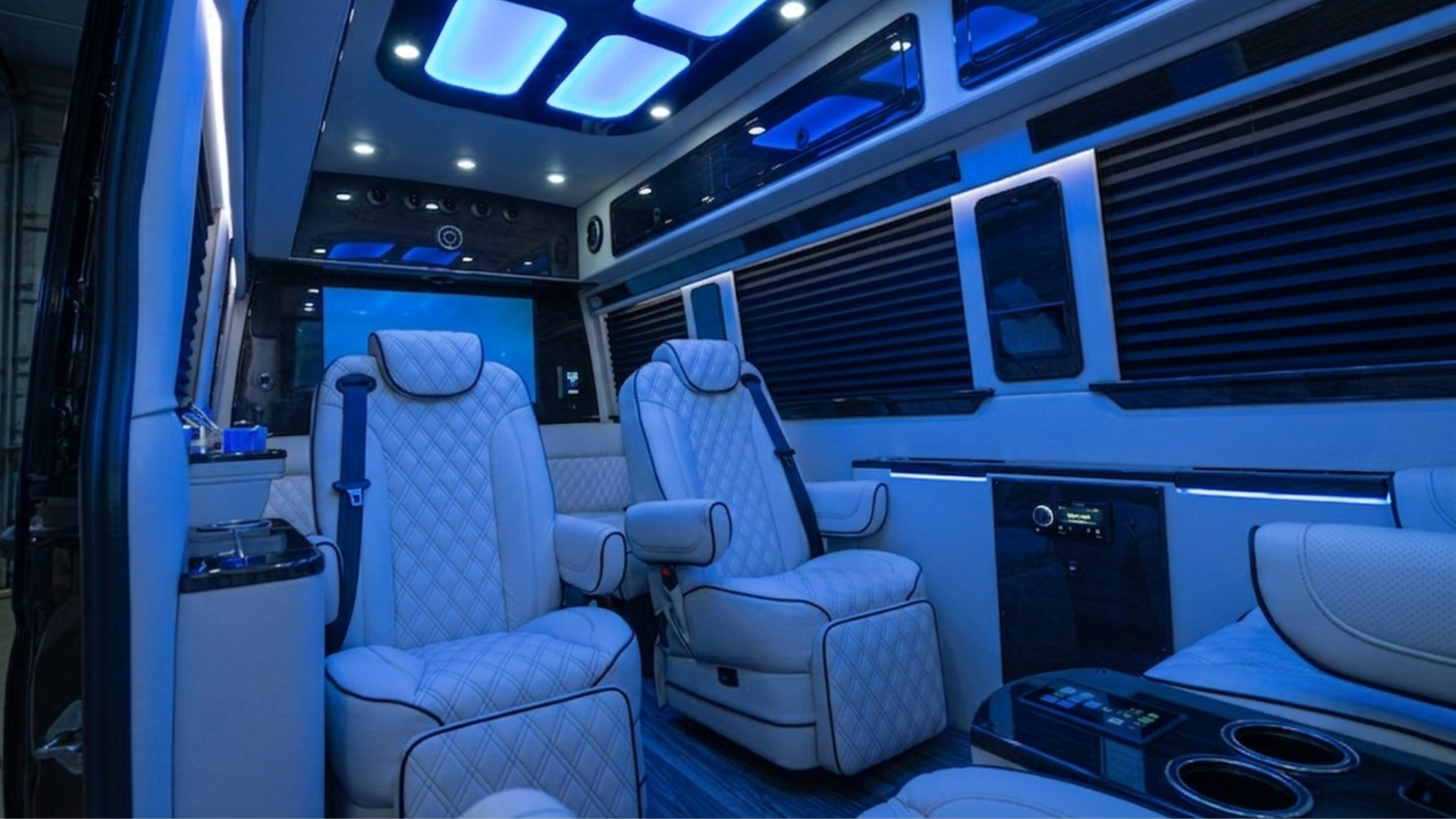 Jet-style Sprinter interior — leather lounge seating