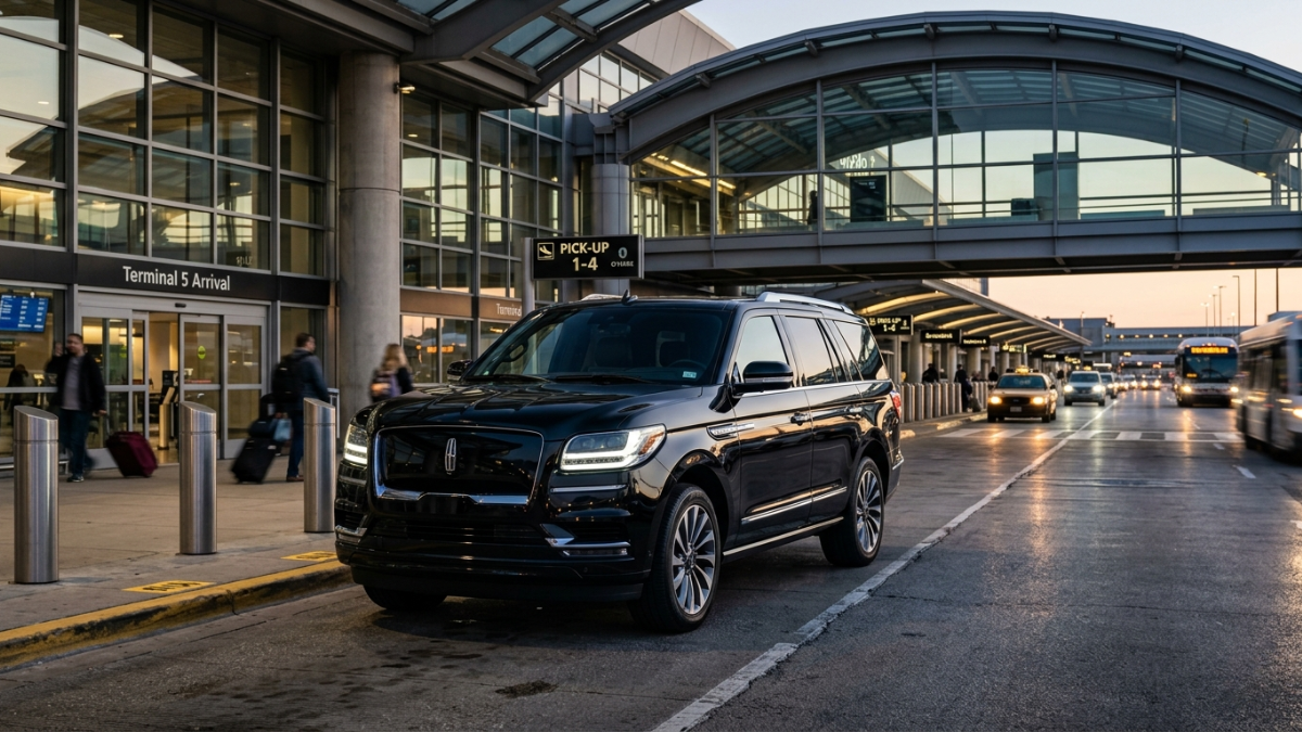 Chauffeur and SUV ready to leave O'Hare