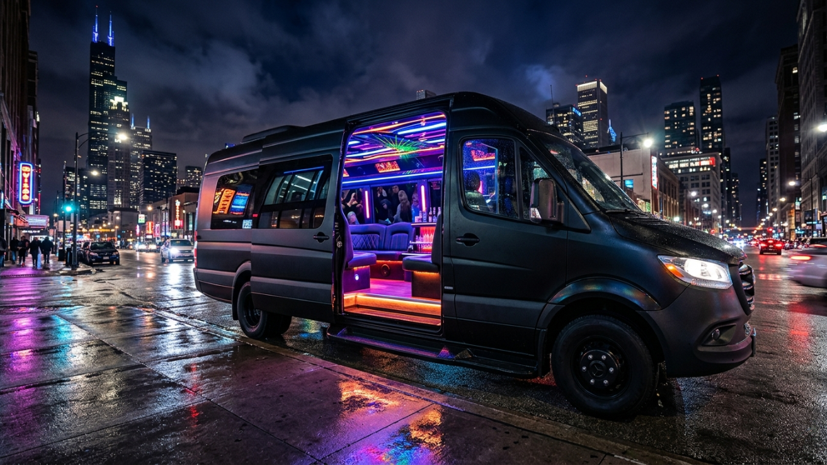 Mercedes-Benz party bus rental for O'Hare airport departure Chicago