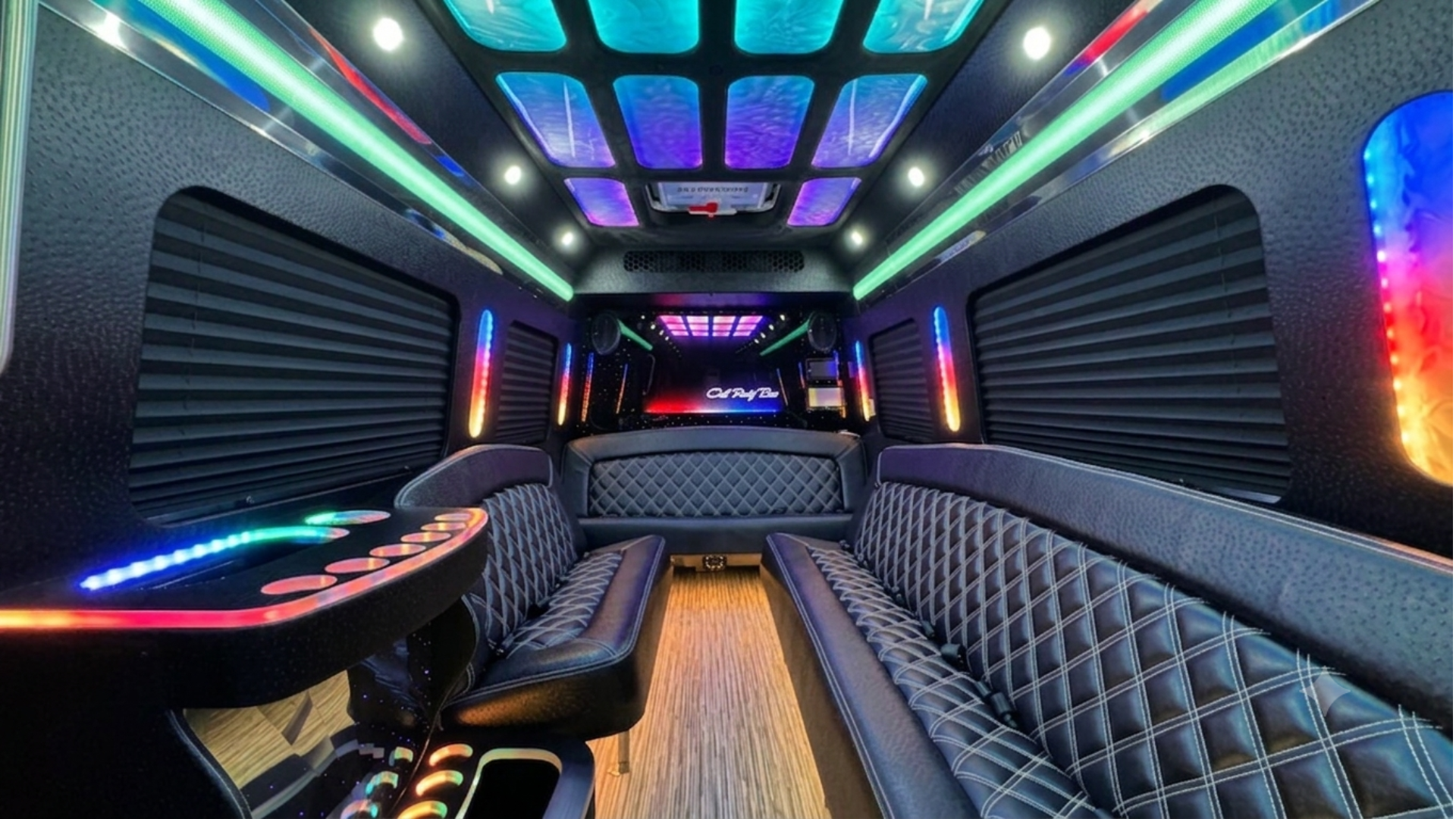 Party bus interior — color-changing club lighting