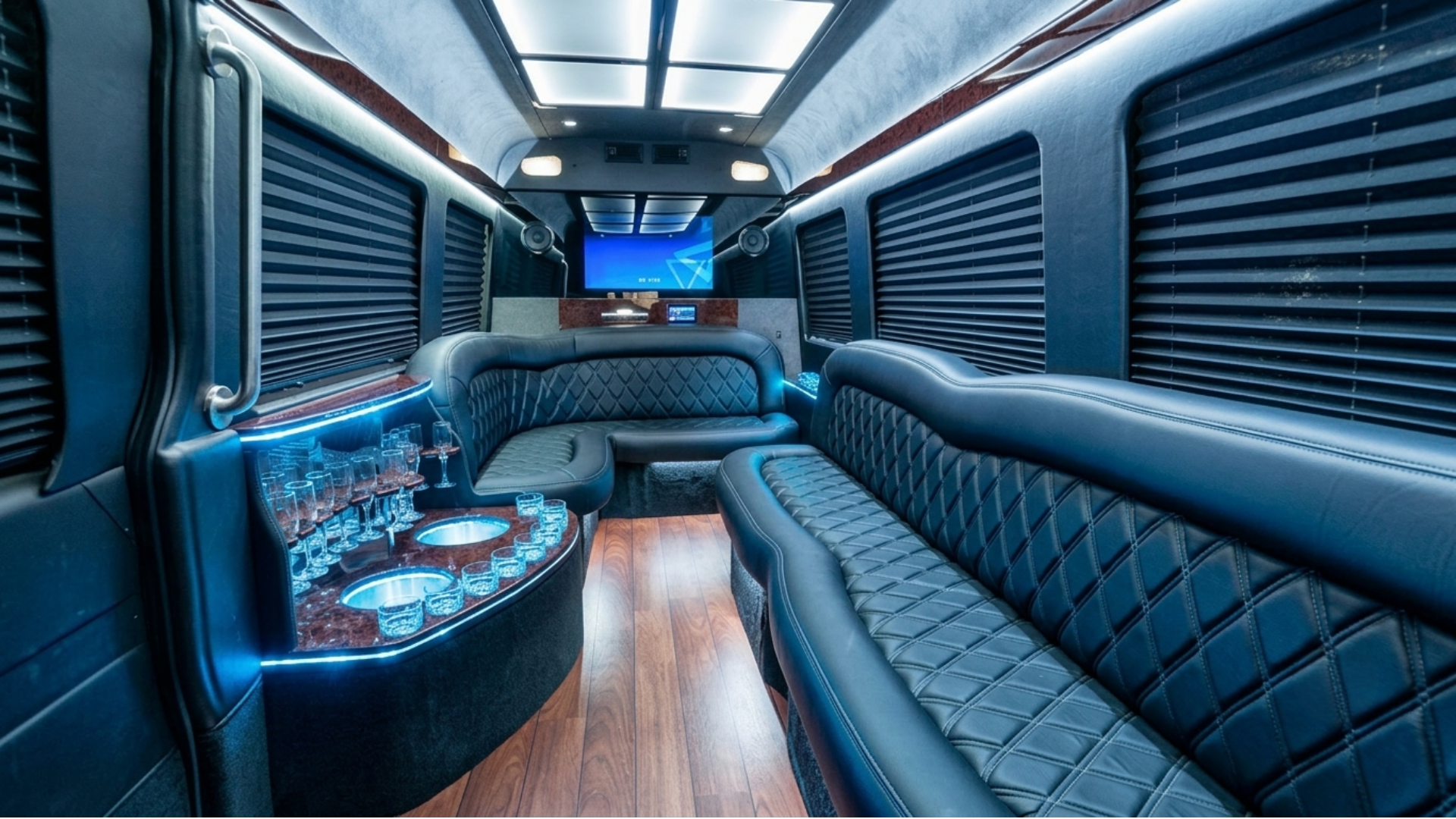 Party bus interior — sound system and on-board bar