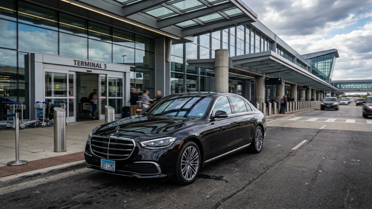 Mercedes-Benz S-Class luxury sedan at Chicago O'Hare